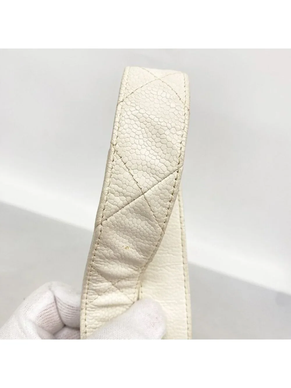 Chanel Shoulder Bag Quilted Caviar Leather White Gold